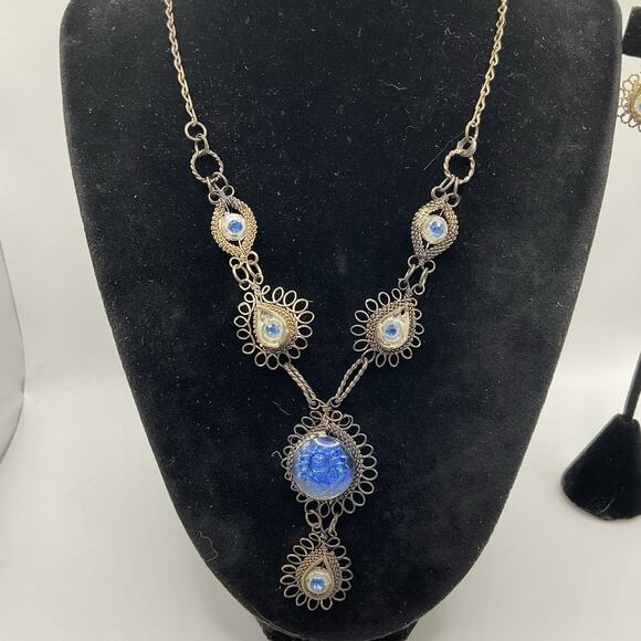 Vintage Wirework Necklace & Earrings Set Blue Glass Cabochons 17” w/ 2” Drop - Picture 3 of 12